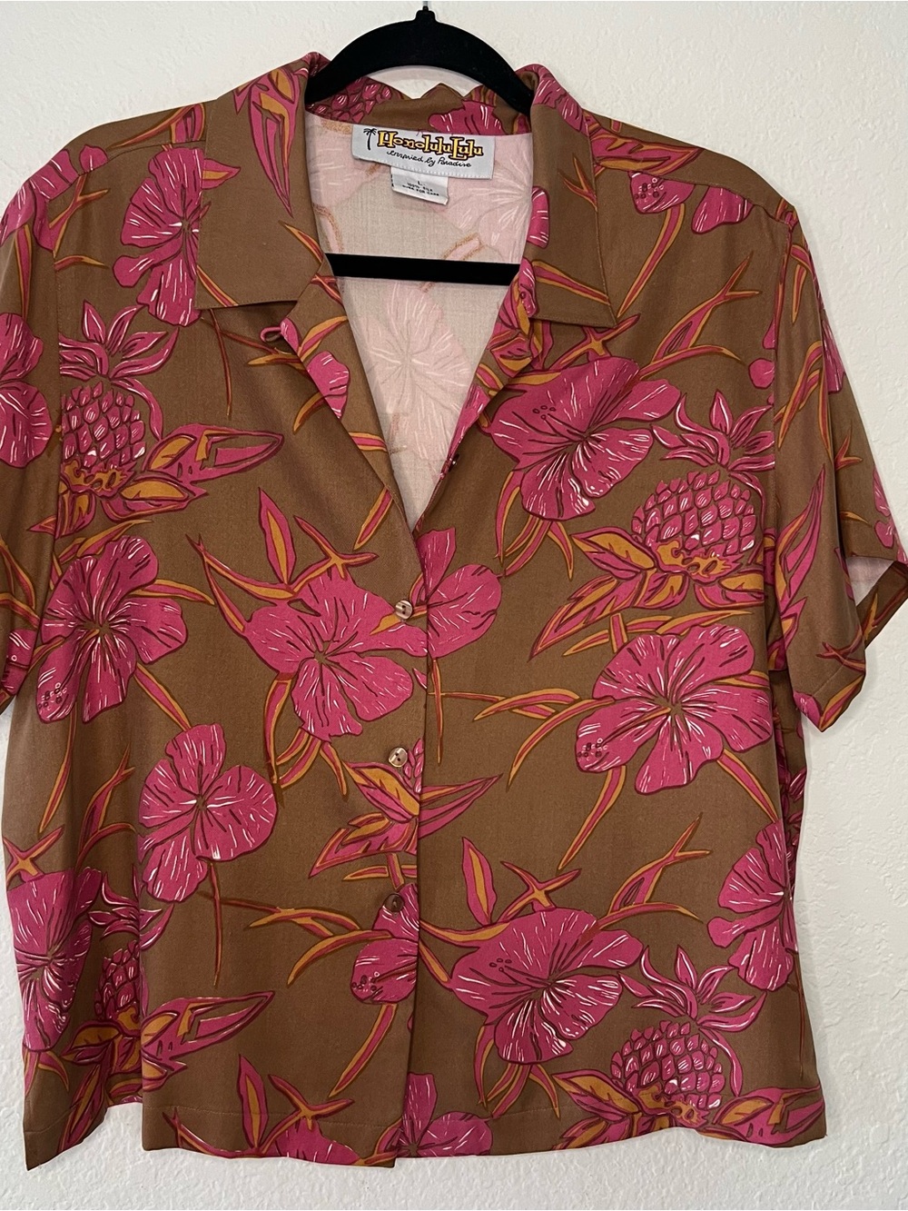Honolulu Lulu Womens Size Large 100% Silk Button Up Blouse Top Brown Pink Floral